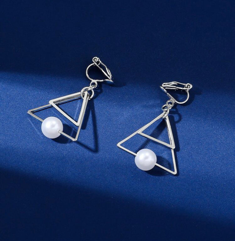 Clip on 1 1/2" silver double triangle and white pearl earrings