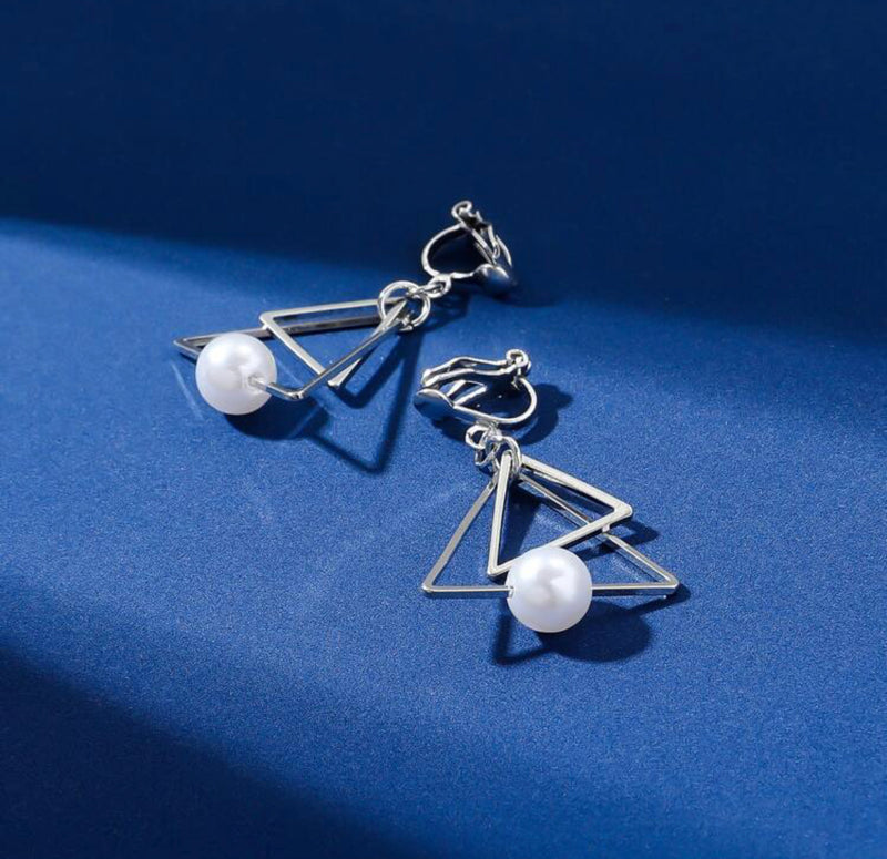 Clip on 1 1/2" silver double triangle and white pearl earrings