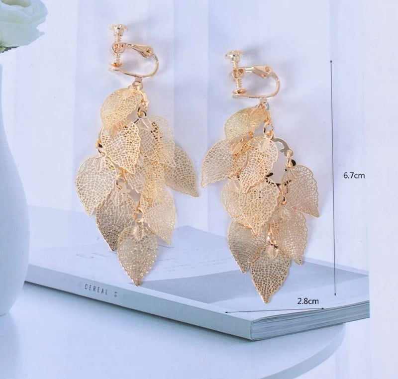 Clip on 2 3/4" gold pinhole layered dangle leaf earrings