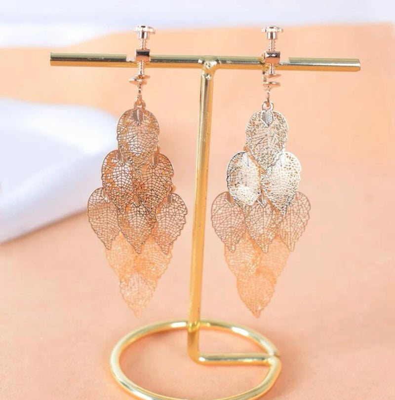 Clip on 2 3/4" gold pinhole layered dangle leaf earrings