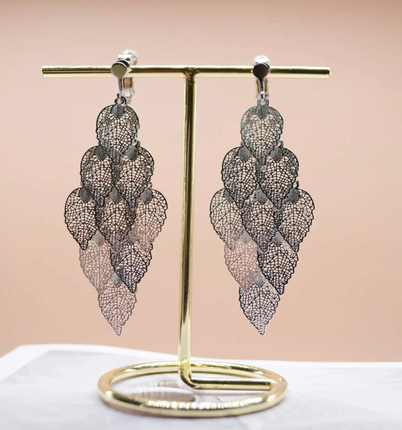 Clip on 2 3/4" silver pinhole layered dangle leaf earrings