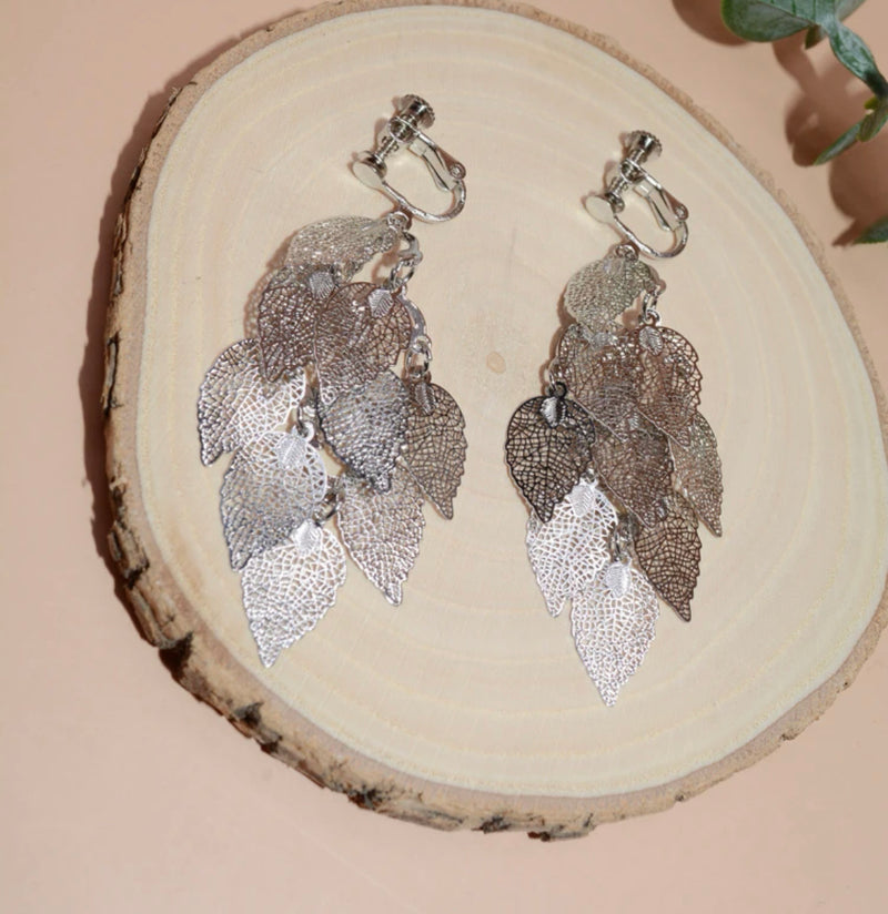 Clip on 2 3/4" silver pinhole layered dangle leaf earrings