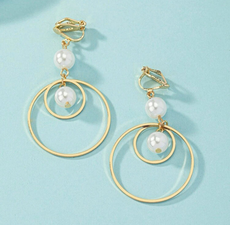 Clip on 2 1/4" gold double hoop dangle earrings with white pearls