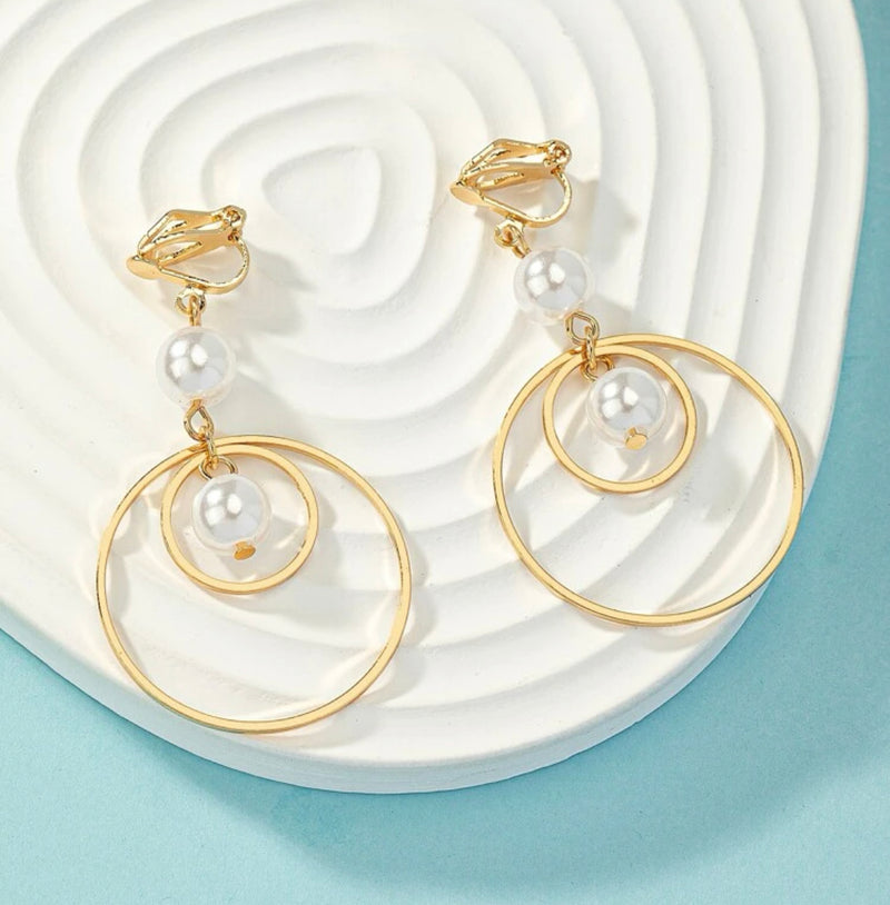 Clip on 2 1/4" gold double hoop dangle earrings with white pearls