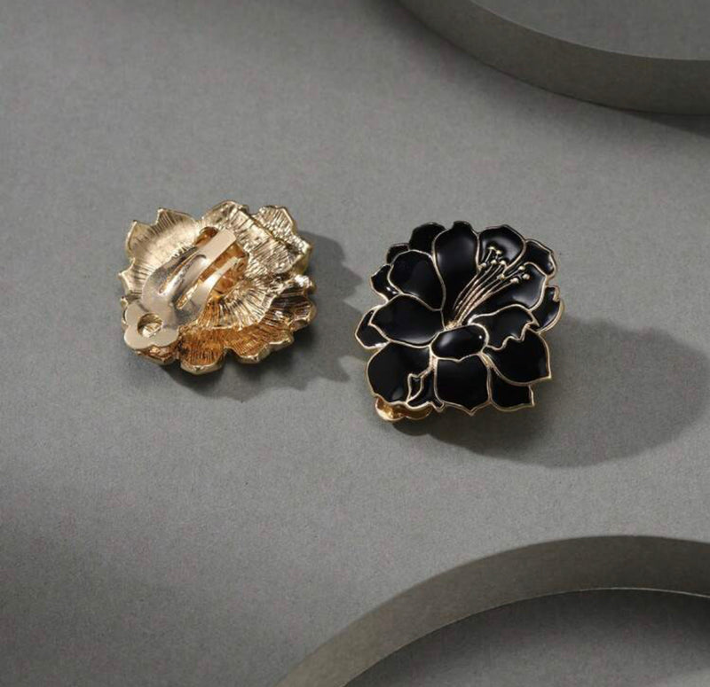 Clip on 1 1/4" gold and black button style flower earrings