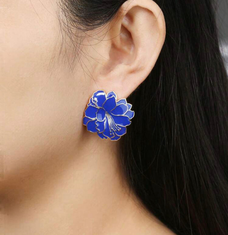 Clip on 1 1/4" gold and blue button style flower earrings