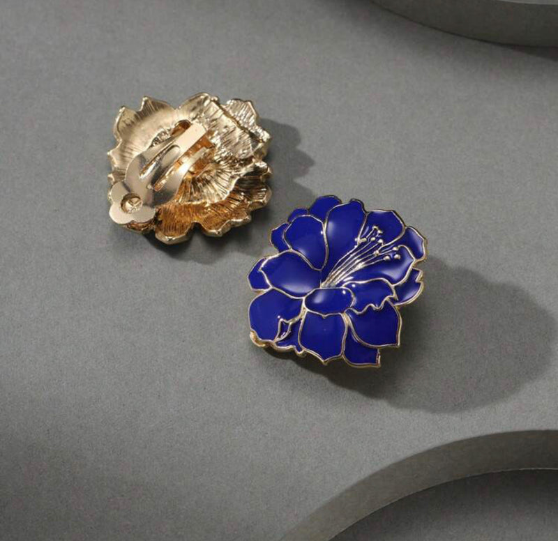 Clip on 1 1/4" gold and blue button style flower earrings