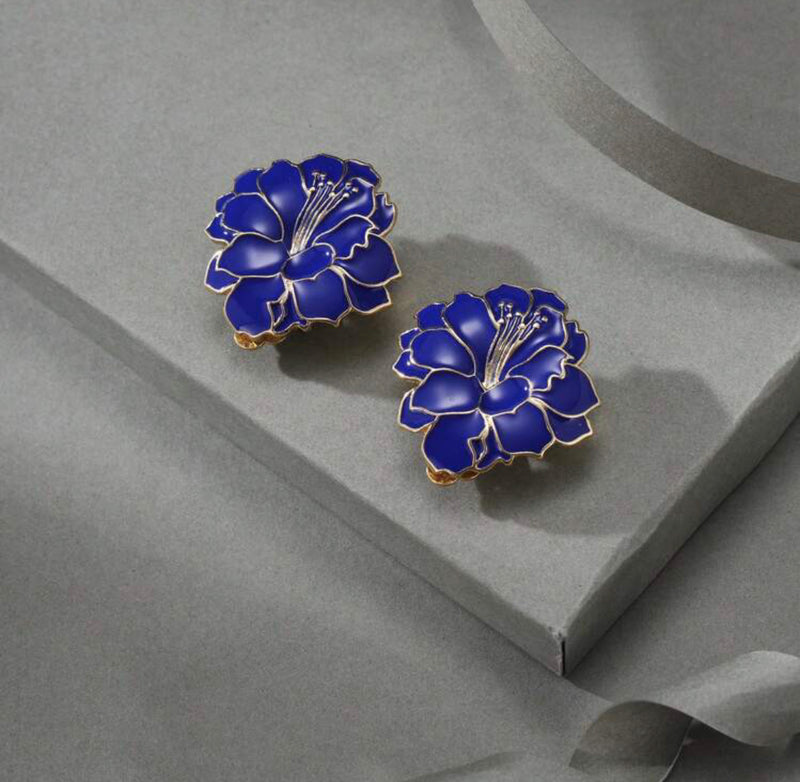 Clip on 1 1/4" gold and blue button style flower earrings