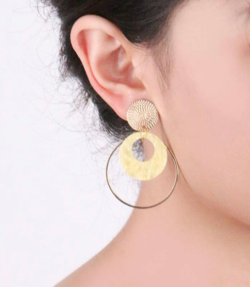 Clip on 2" gold hoop and yellow shell dangle earrings