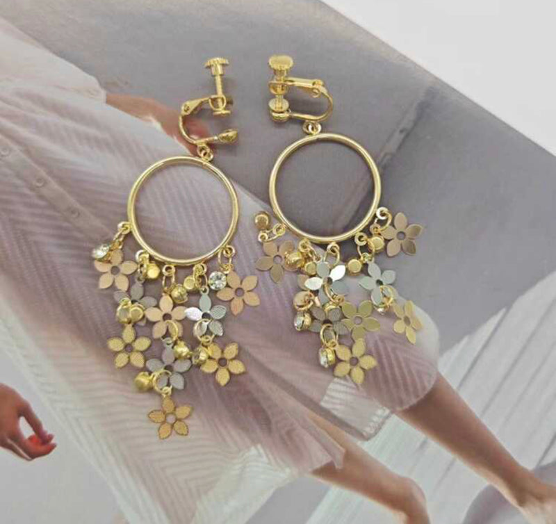 Clip on gold hoop earrings w/clear stones and gold, rose, silver flowers