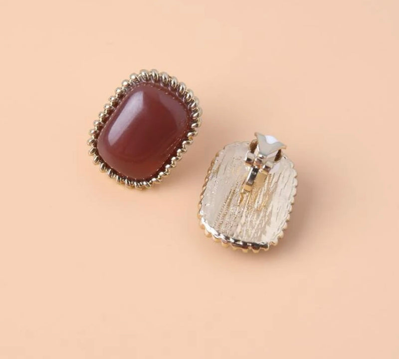 Clip on 1" gold and brown square stone button style earrings