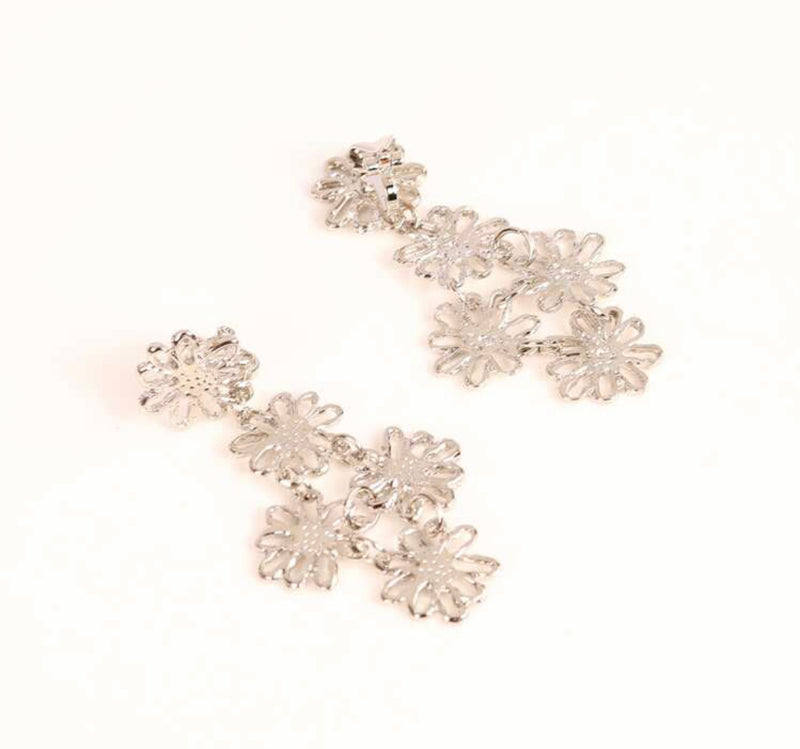 Clip on 2 1/4"silver dangle cutout multi flower earrings