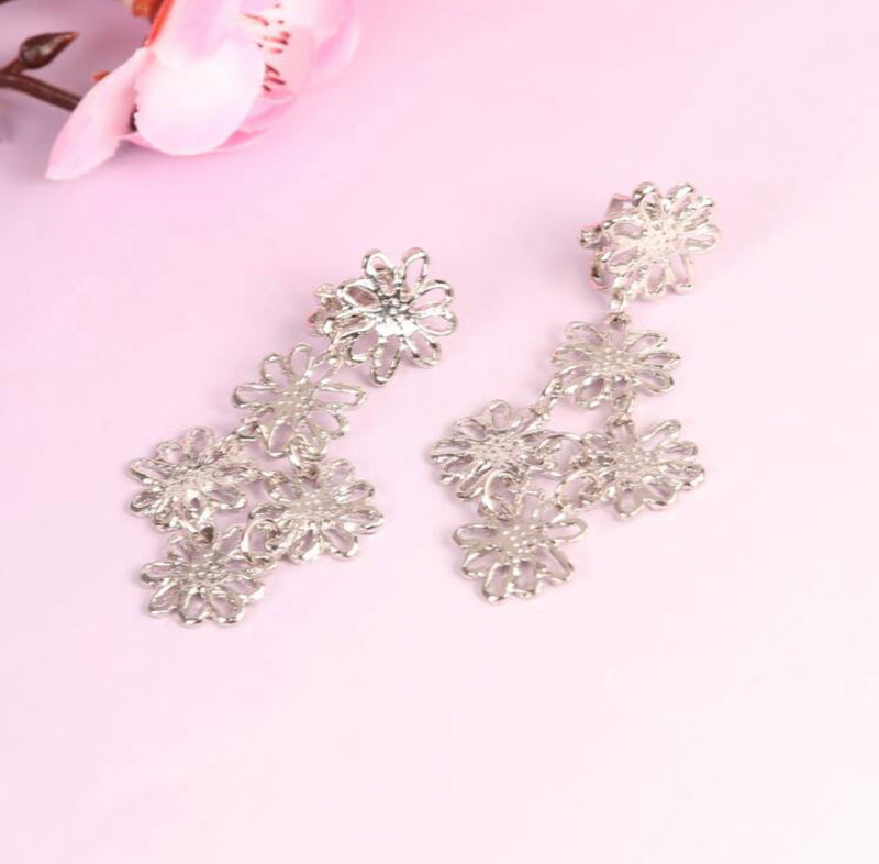 Clip on 2 1/4"silver dangle cutout multi flower earrings