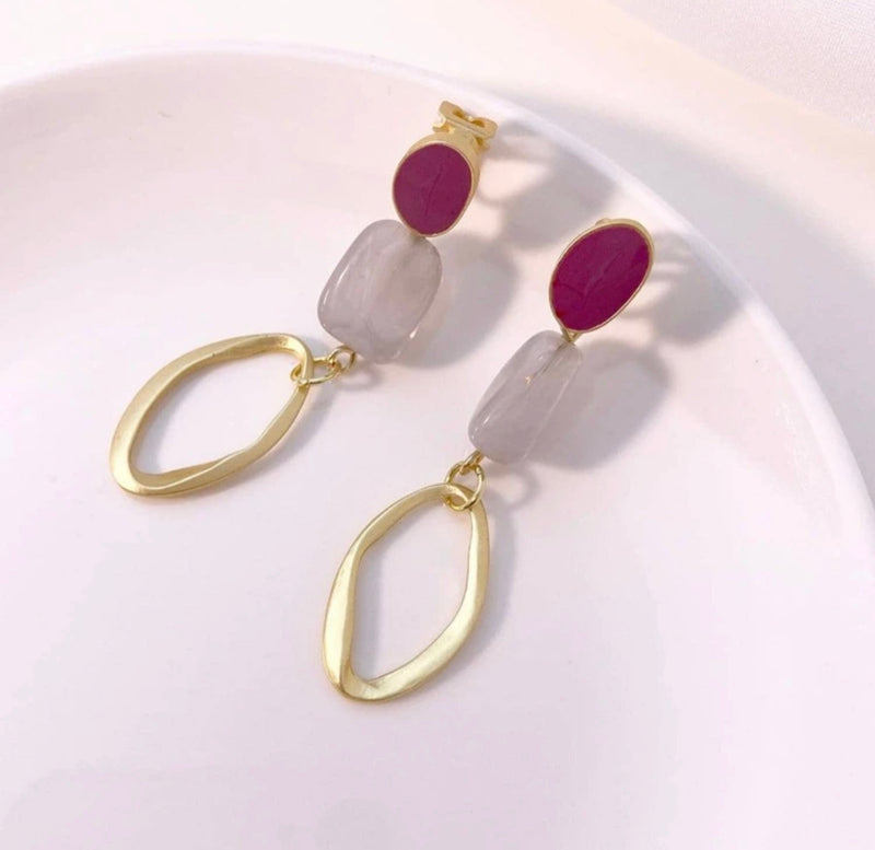 Clip on 2 1/4" matte gold, pink and cream smoky bead dangle earrings