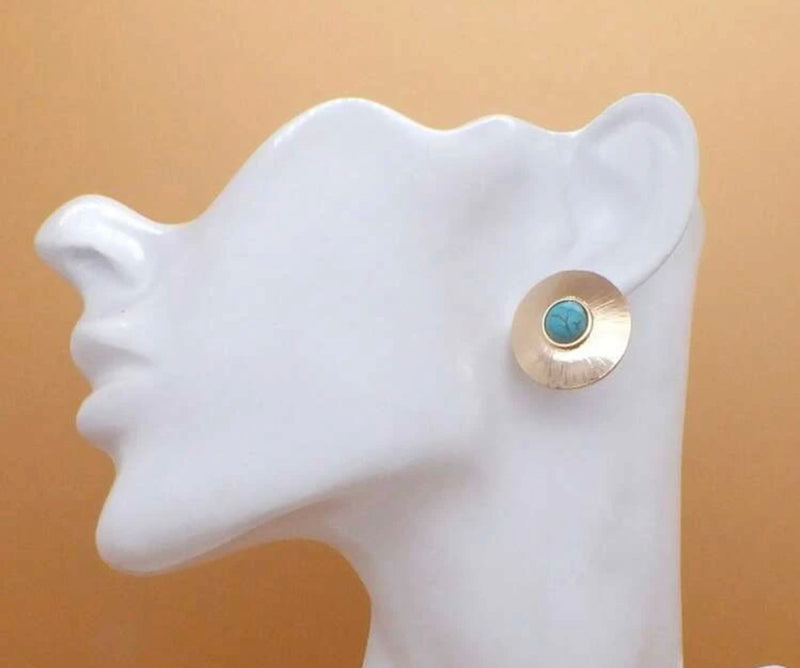 Clip on 1" gold and turquoise stone button style earrings