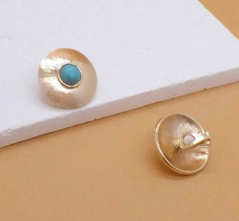 Clip on 1" gold and turquoise stone button style earrings