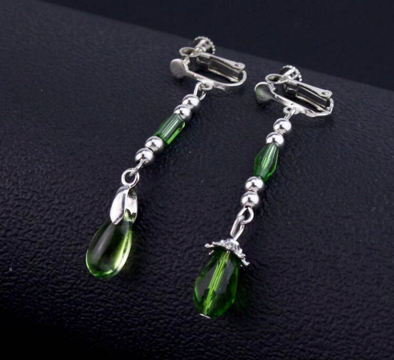 Clip on 2 1/4" silver and green bead dangle earrings