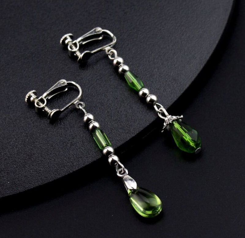 Clip on 2 1/4" silver and green bead dangle earrings