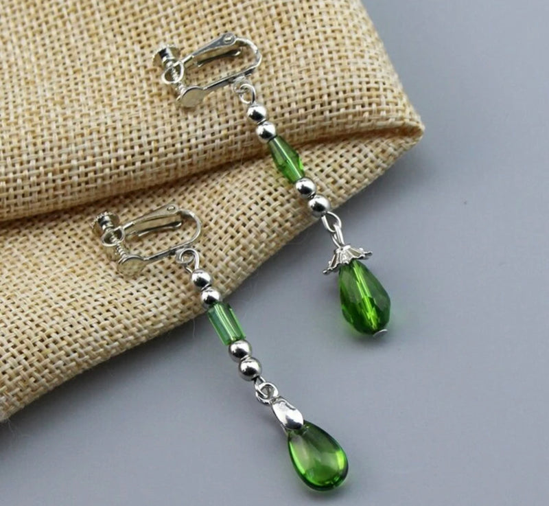 Clip on 2 1/4" silver and green bead dangle earrings