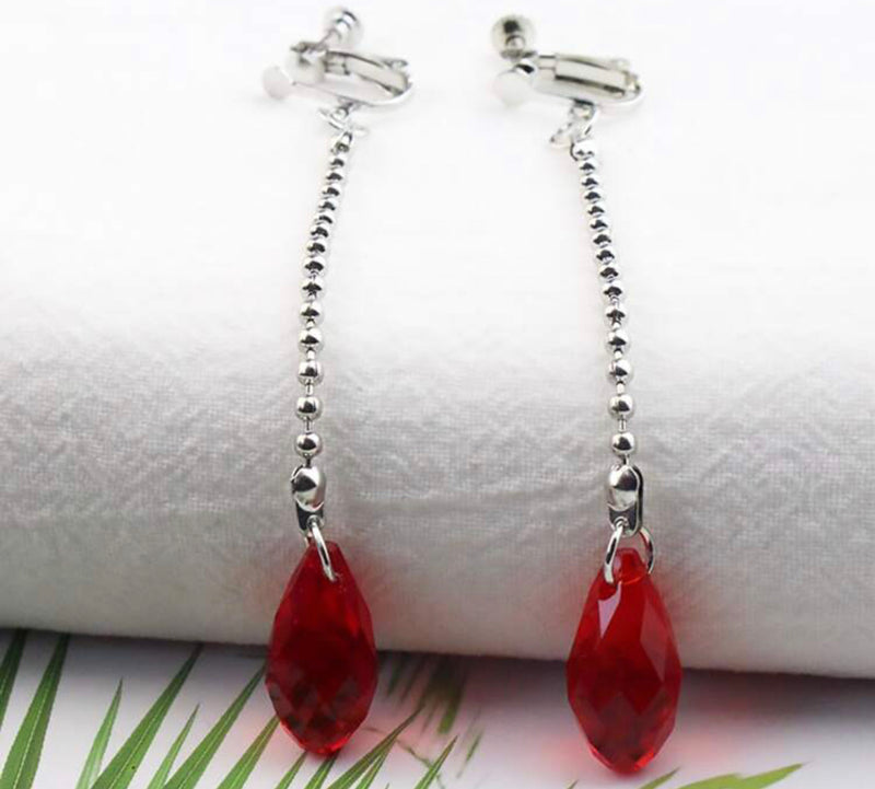 Clip on 3 3/4" long silver beaded chain red bead dangle earrings