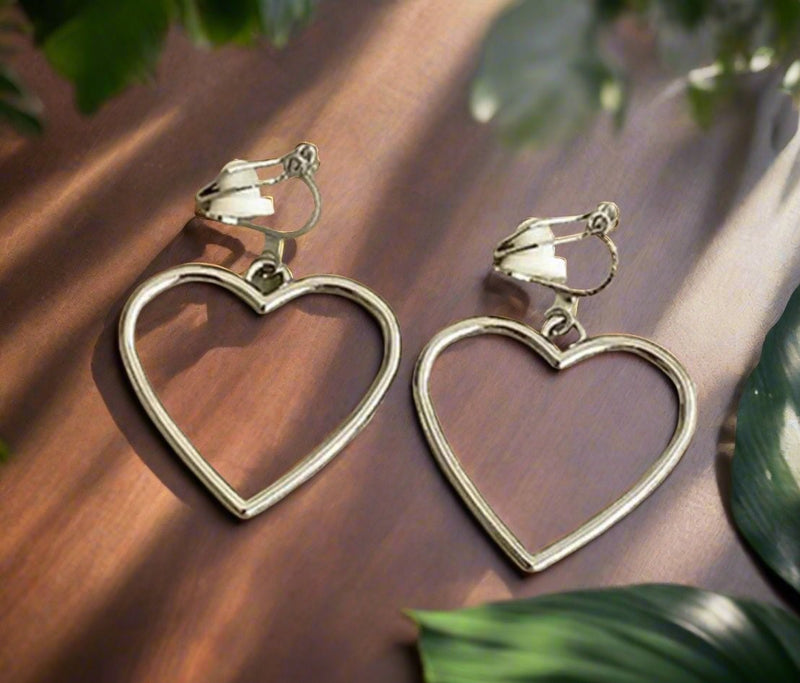 Trendy 1 1/2" Clip on silver dangle heart earrings