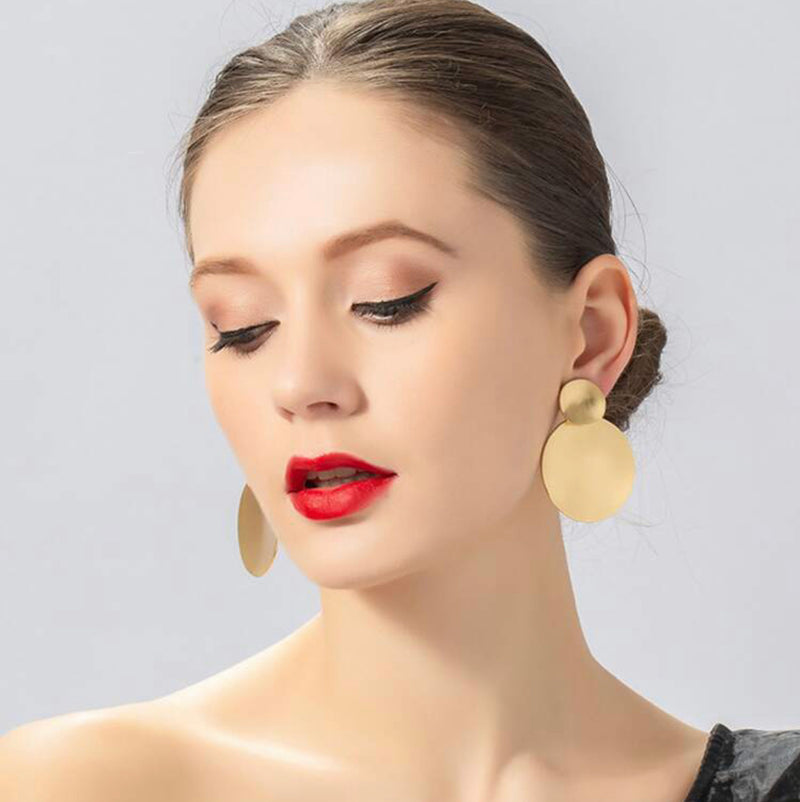 Clip on 2 1/2" matte gold double circle dangle earrings