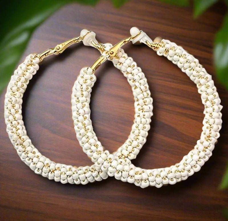 Clip on 2 1/4" gold and white seed bead hoop earrings