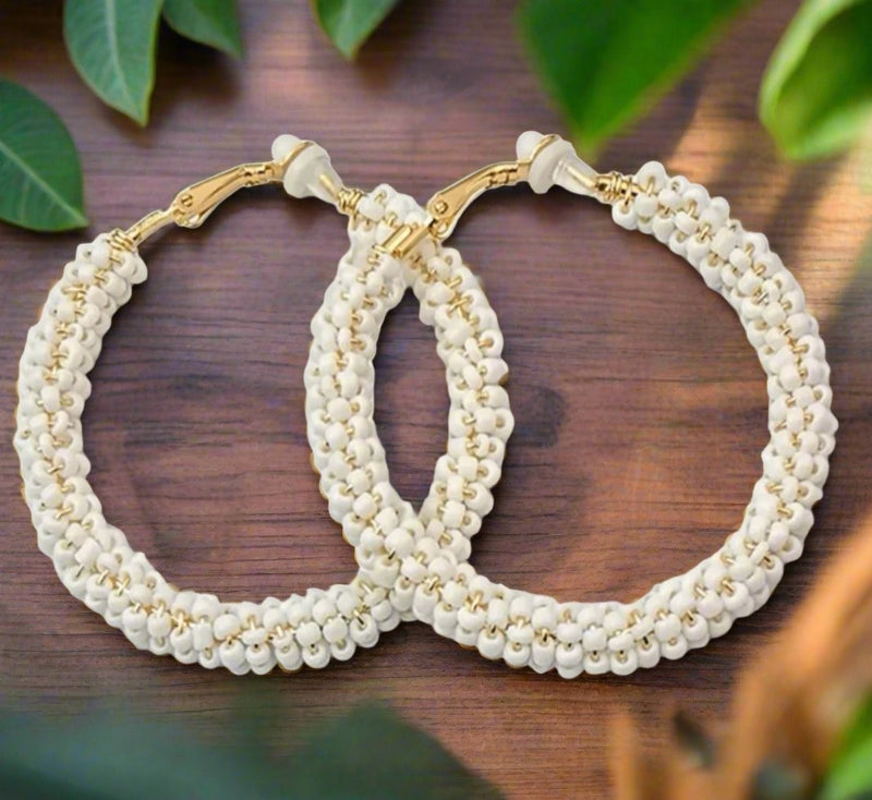 Clip on 2 1/4" gold and white seed bead hoop earrings