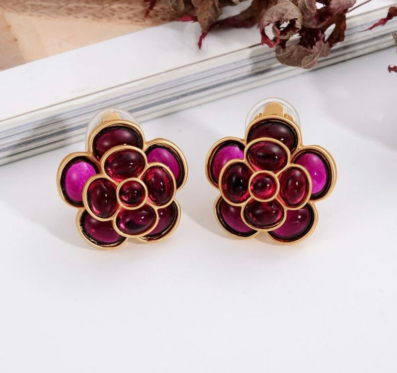 Clip on 1 1/4" matte gold and pink stone raised flower button style earrings