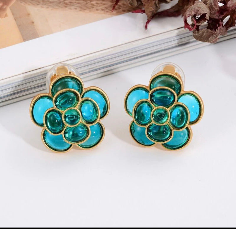 Clip on matte gold and turquoise stone raised flower button style earrings