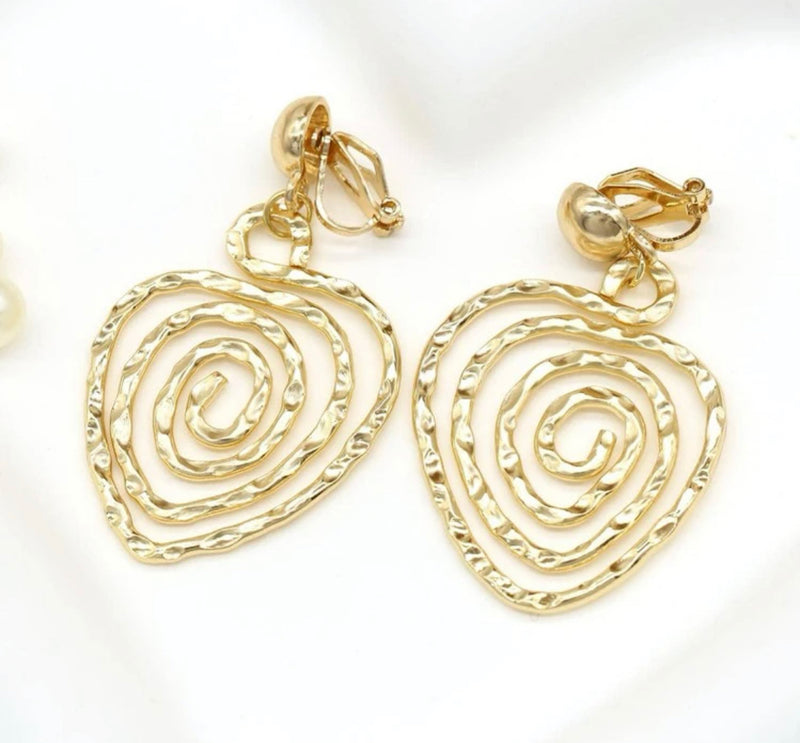 Clip on 2 1/4" gold hammered twisted heart dangle earrings