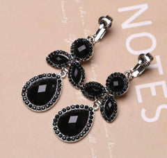 Clip on silver & black stone flower earrings w/black stone teardrop