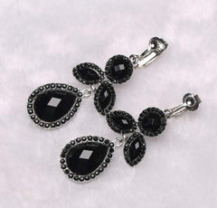 Clip on silver & black stone flower earrings w/black stone teardrop