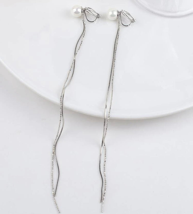 Clip on 6 1/4" Xlong silver chain and white pearl dangle earrings