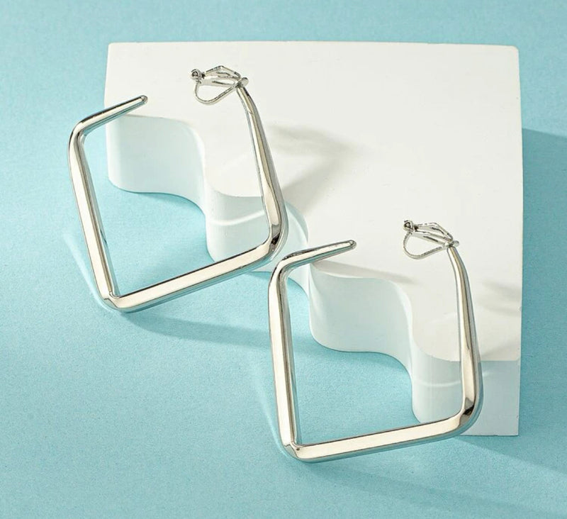 Clip on 2 1/4" shiny silver square open back hoop earrings