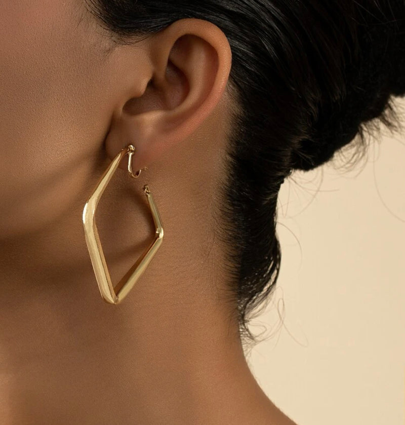 Clip on 2 1/4" shiny gold square open back hoop earrings