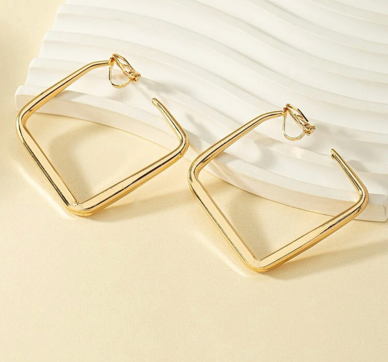 Clip on 2 1/4" shiny gold square open back hoop earrings