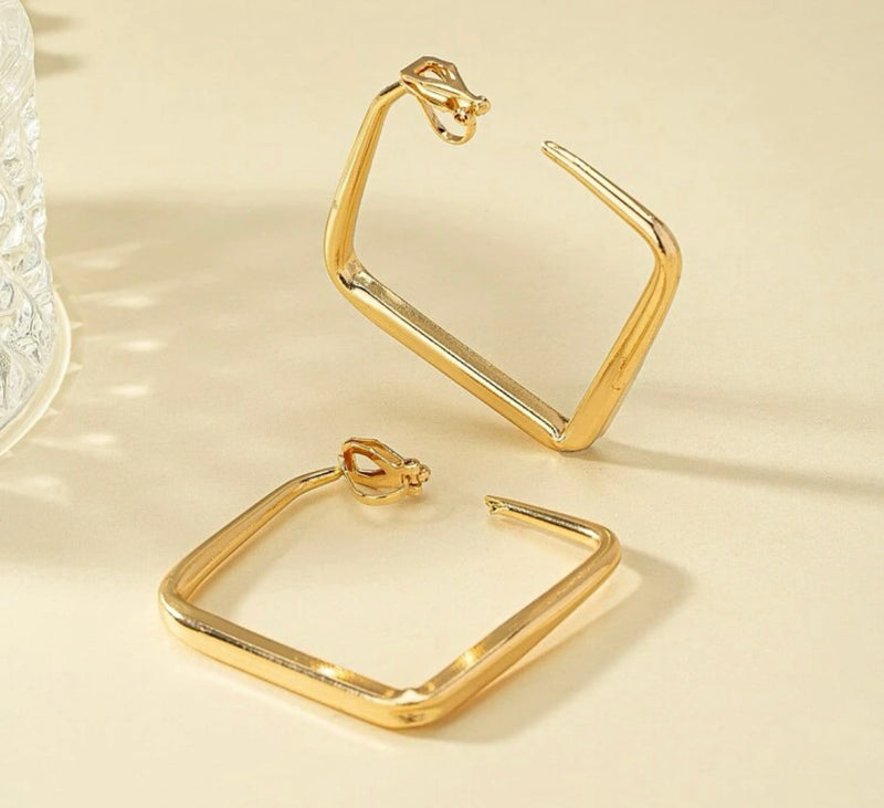 Clip on 2 1/4" shiny gold square open back hoop earrings