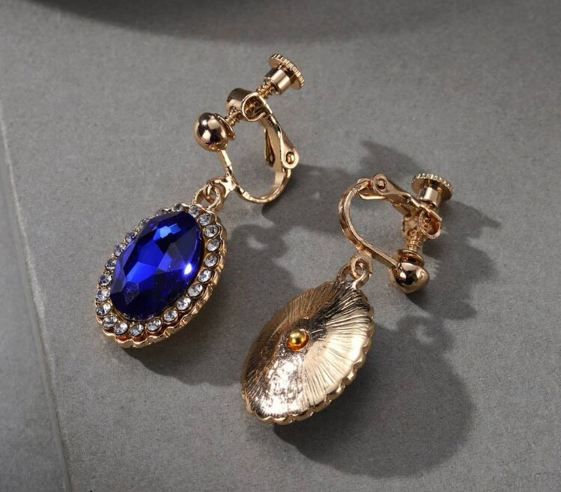 Clip on 1 1/4" gold, blue and clear stone dangle earrings