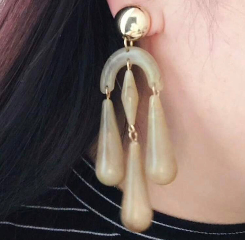 Clip on 4 1/4" Xlarge gold and brown long dangle teardrop earrings