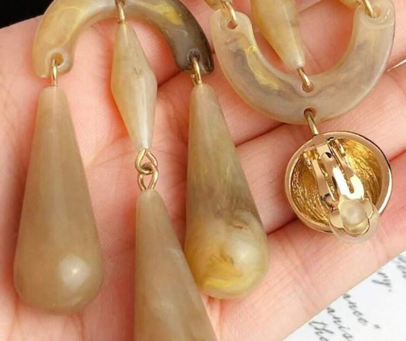 Clip on 4 1/4" Xlarge gold and brown long dangle teardrop earrings