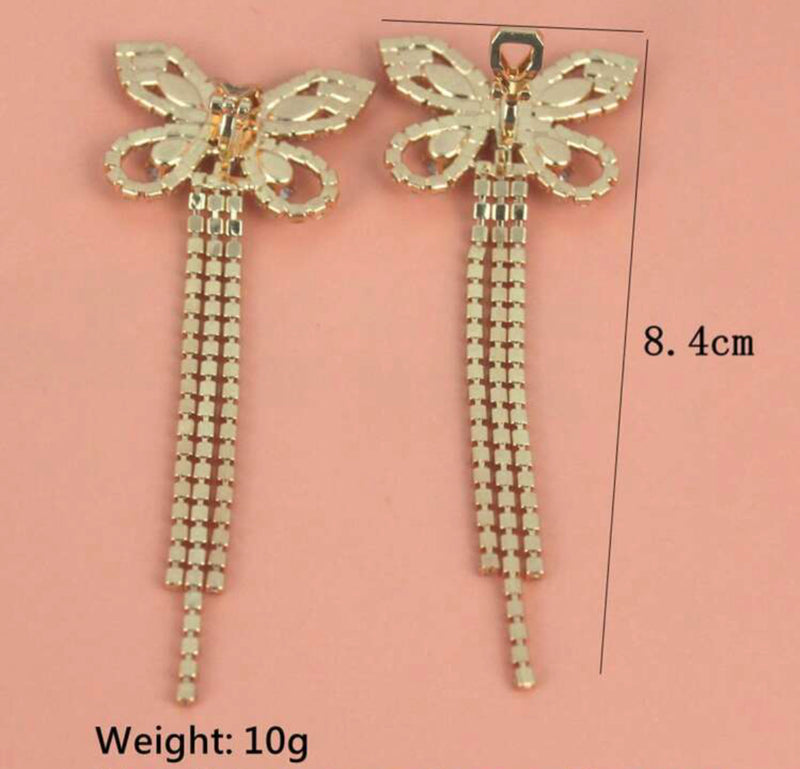 Clip on 3 3/4" gold and clear stone butterfly with three rows of dangle stones