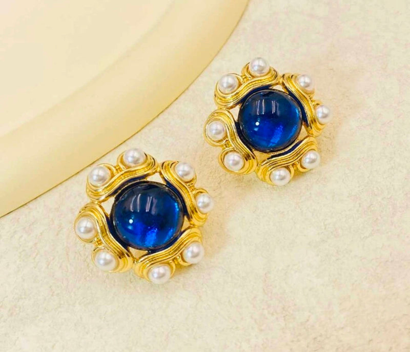 Clip on 1 1/4" gold, blue stone and pearl button style earrings