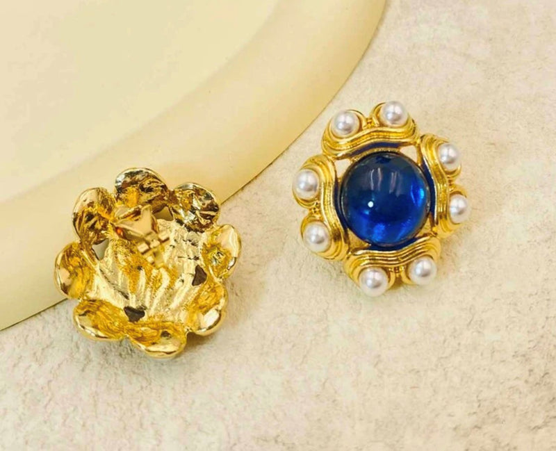 Clip on 1 1/4" gold, blue stone and pearl button style earrings