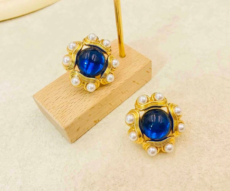 Clip on 1 1/4" gold, blue stone and pearl button style earrings