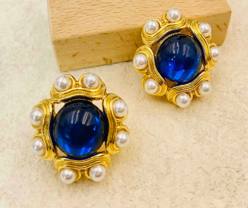 Clip on 1 1/4" gold, blue stone and pearl button style earrings