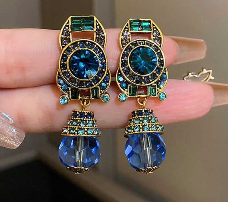 Vintage 2" clip on gold multi colored stone earrings w/dangle blue bead