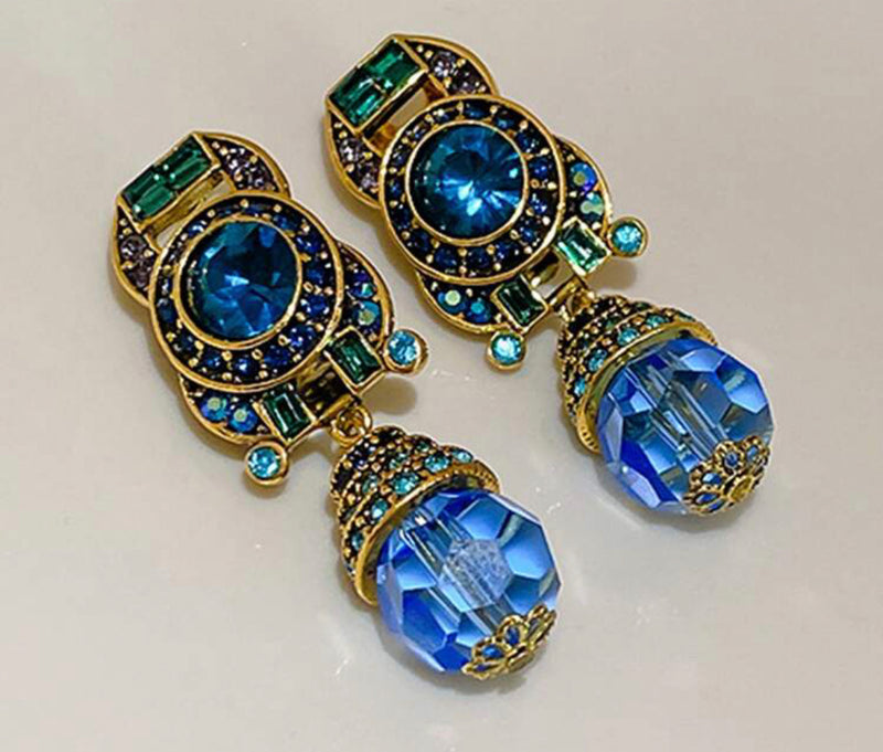 Vintage 2" clip on gold multi colored stone earrings w/dangle blue bead