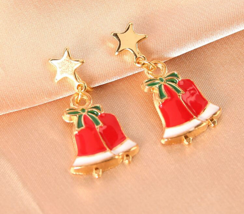 Clip on 1 1/4" gold coil back double red bell dangle earrings with top star