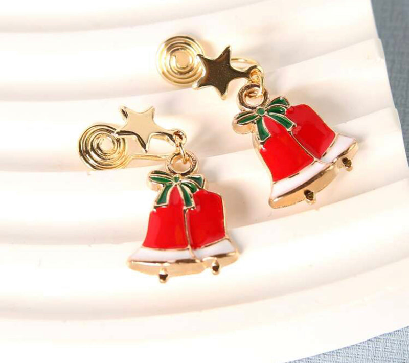 Clip on 1 1/4" gold coil back double red bell dangle earrings with top star